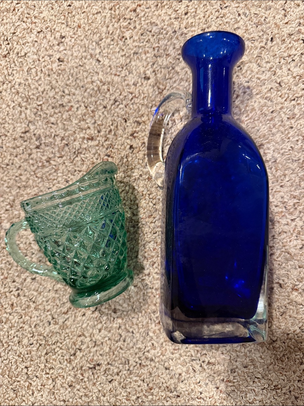 Cobalt Blue Glass Bottle with Clear Handle Green glass creamer cup